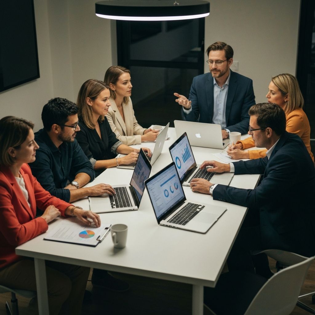 Professional team discussing data analytics around a modern conference table